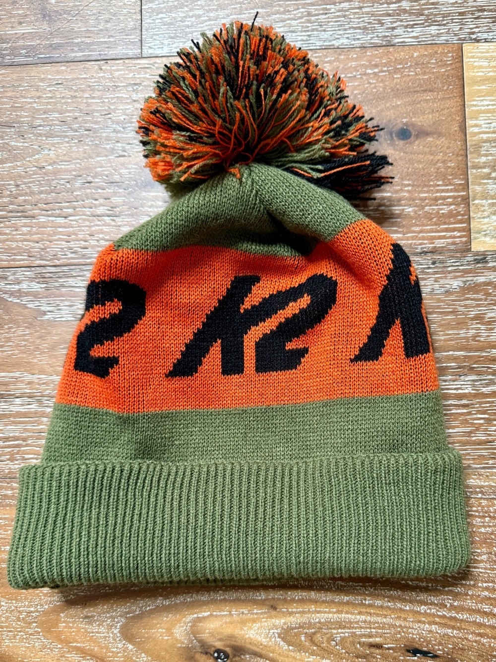 K2 Olive Green and Orange Winter Ski Pom Beanie Knit Cap